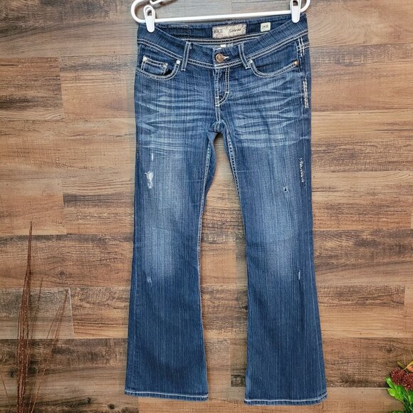 BKE Jeans 28 R Sabrina Flare Low Rise Ripped Thick Stitch Stretch Boho Western - Picture 1 of 12